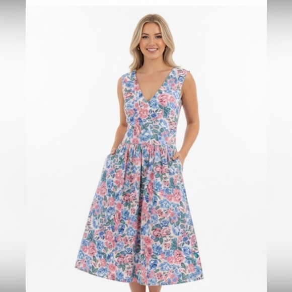 Vintage handmade dropped waist pink Floral Sleeveless jumper Dress size large - Picture 1 of 6